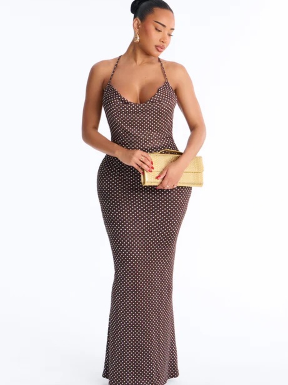 BNWT Brown Polka Dot Halter Maxi Dress